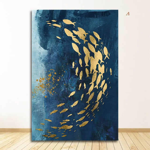Golden Fish in Abstract Azure Sea By Night Canvas Wall Art