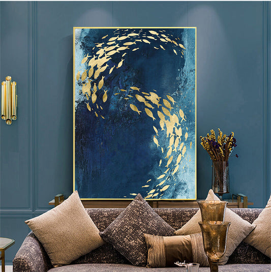 Golden Fish in Abstract Azure Sea By Night Canvas Wall Art