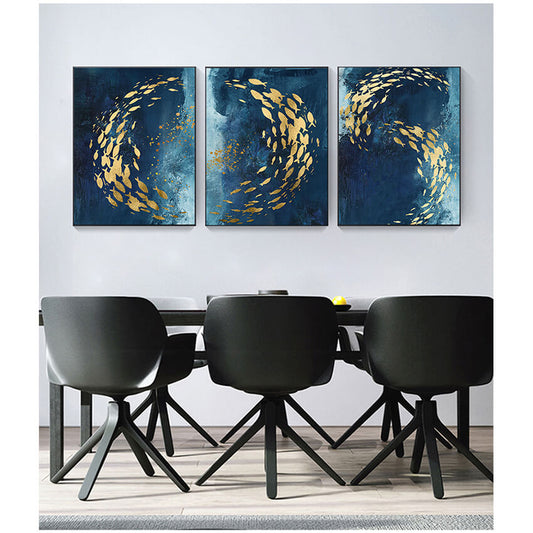 Golden Fish in Abstract Azure Sea By Night Canvas Wall Art