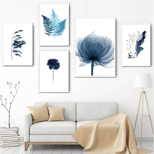 Watercolor Blue Leaf Feather Canvas Prints