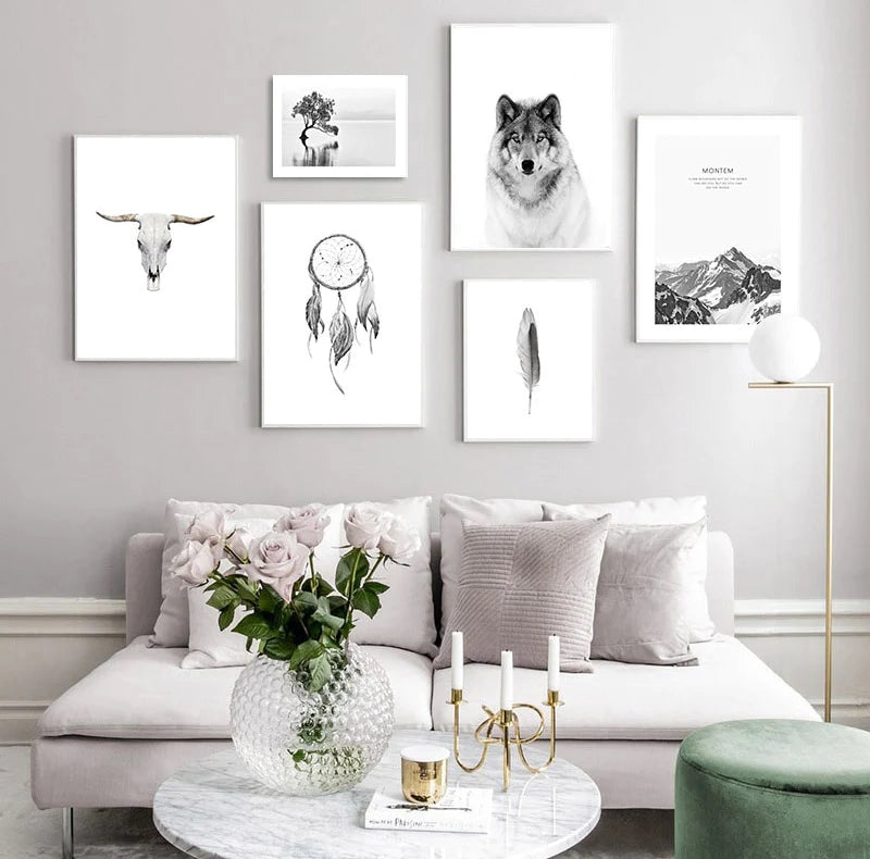 Mystical Wolf Mountain Landscape Feather Skull Dream Catcher Canvas Prints