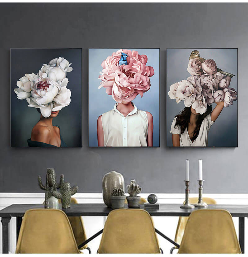Women with Flowers Feather Head Canvas Wall Art