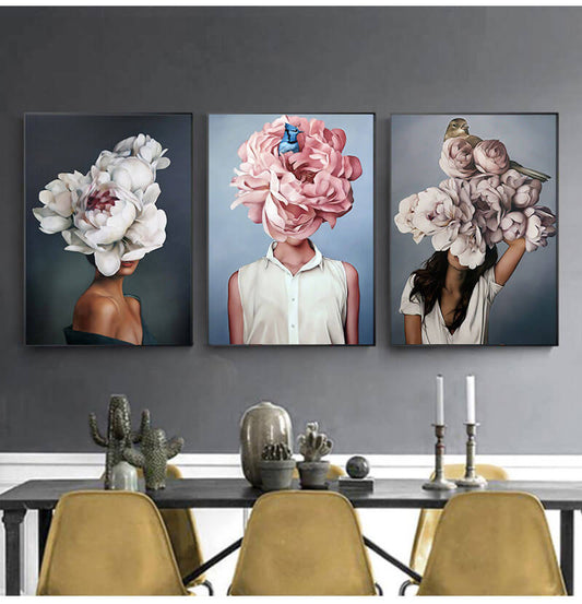 Women with Flowers Feather Head Canvas Wall Art