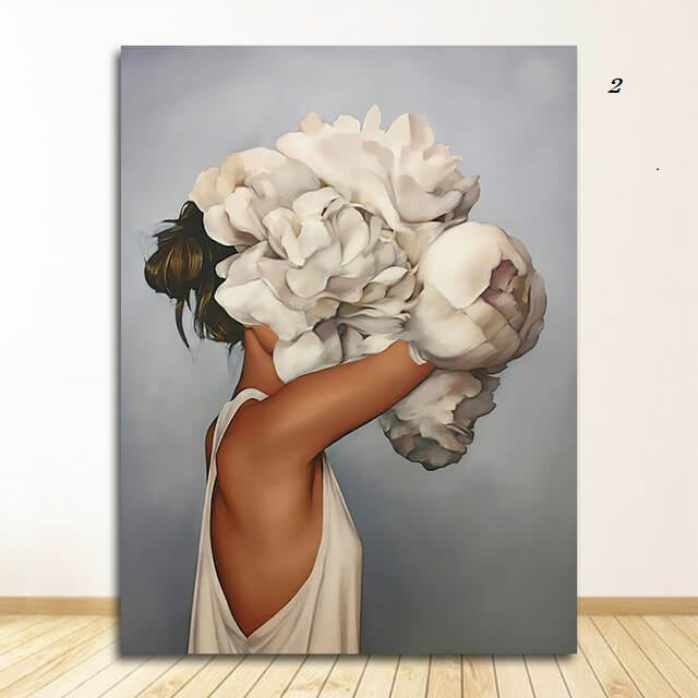 Women with Flowers Feather Head Canvas Wall Art