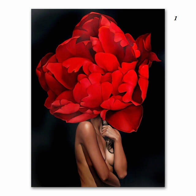 Women with Flowers Feather Head Canvas Wall Art