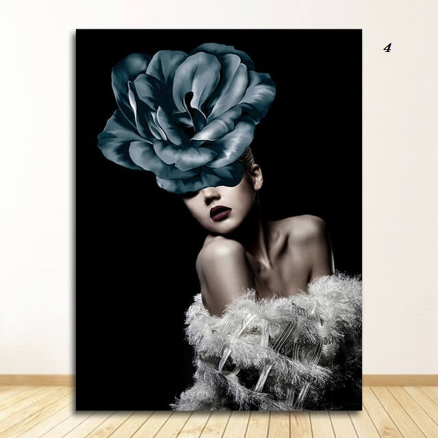 Women with Flowers Feather Head Canvas Wall Art