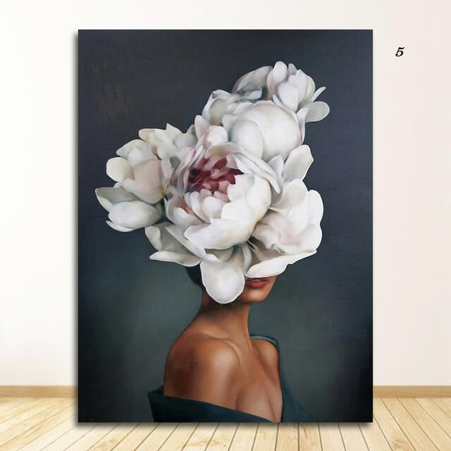 Women with Flowers Feather Head Canvas Wall Art