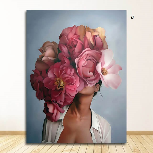 Women with Flowers Feather Head Canvas Wall Art