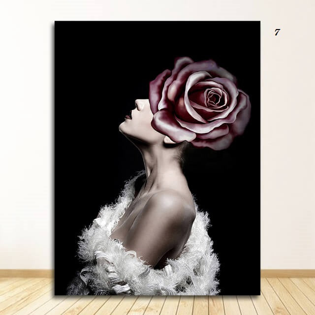 Women with Flowers Feather Head Canvas Wall Art