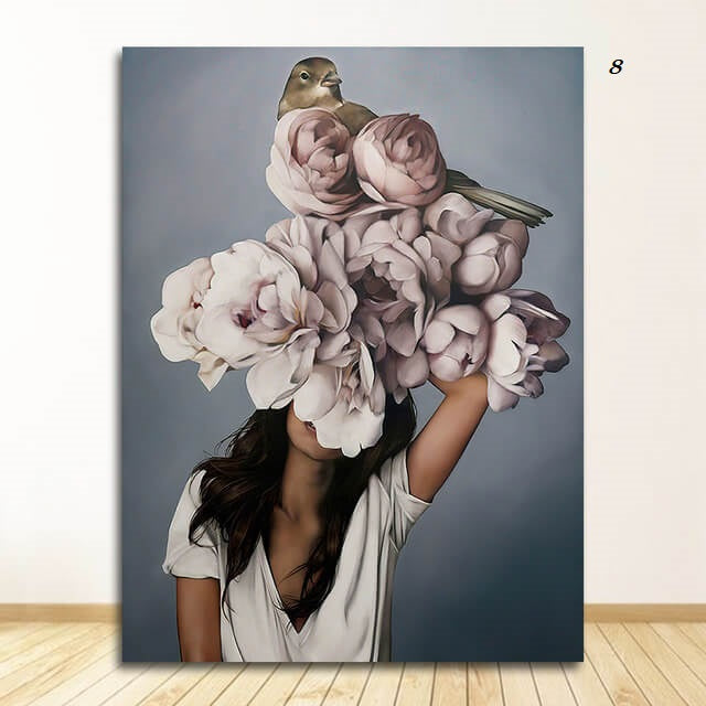 Women with Flowers Feather Head Canvas Wall Art
