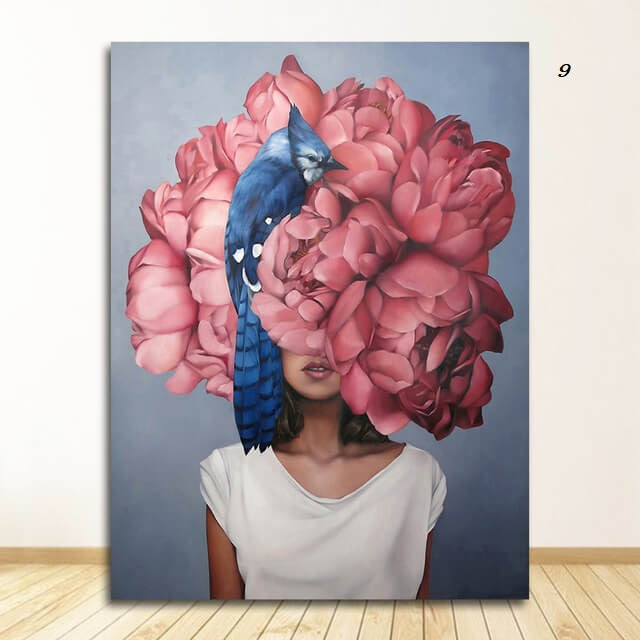 Women with Flowers Feather Head Canvas Wall Art