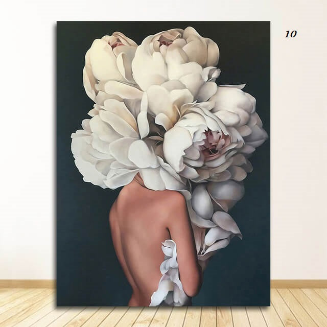 Women with Flowers Feather Head Canvas Wall Art