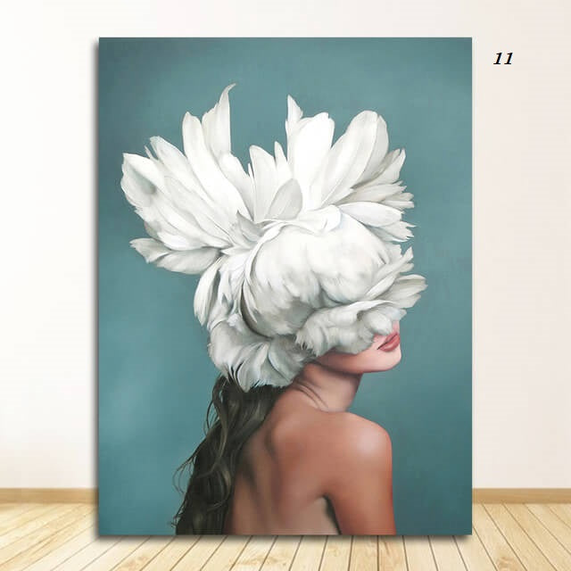 Women with Flowers Feather Head Canvas Wall Art