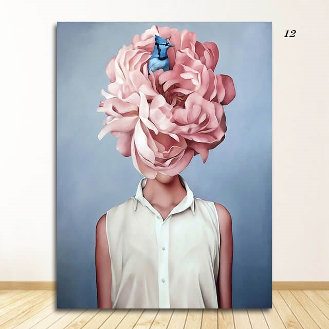 Women with Flowers Feather Head Canvas Wall Art