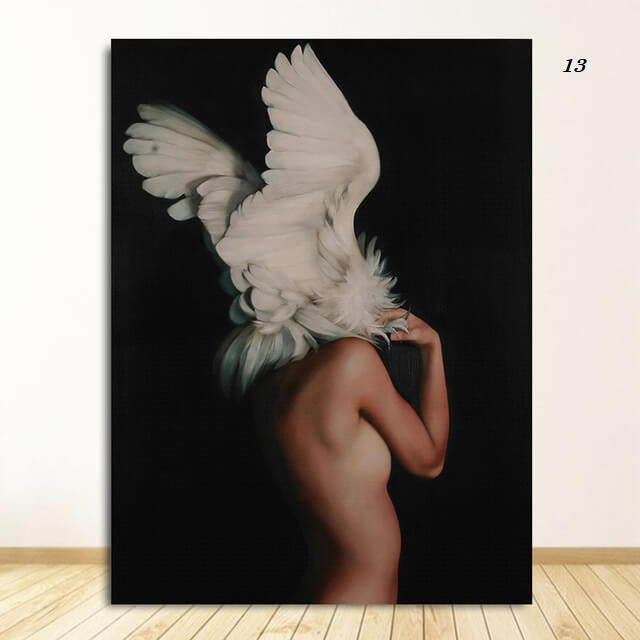 Women with Flowers Feather Head Canvas Wall Art