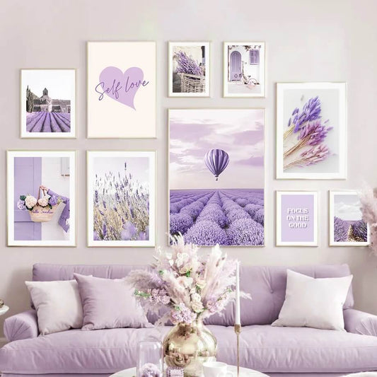 Dreamy Purple Lavender Landscape Hot Air Balloon Canvas Prints