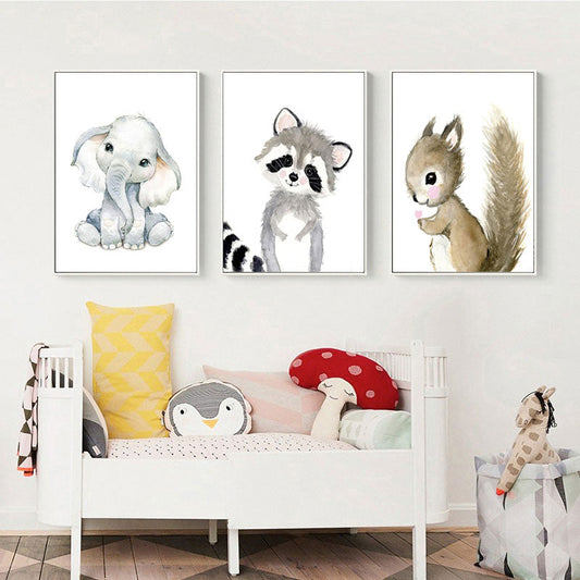 Cute Elephant Giraffe Squirrel Fox Raccoon Watercolor Canvas Prints