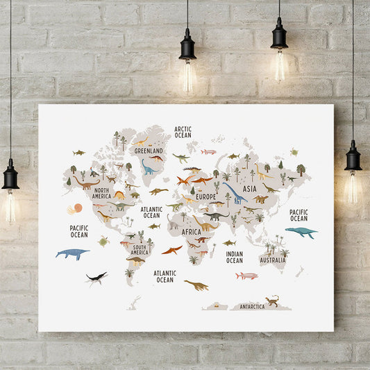 Educational Dinosaur World Map Canvas Print