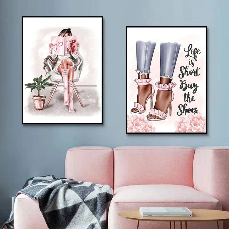 Fashion Pink Wall Art with Perfume Heels Pink Flowers Chic Canvas Prints