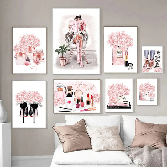 Fashion Pink Wall Art with Perfume Heels Pink Flowers Chic Canvas Prints