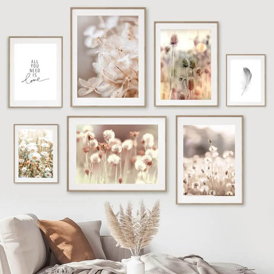 Flower Dandelion Daisy Leaves Beige Landscape Canvas Prints