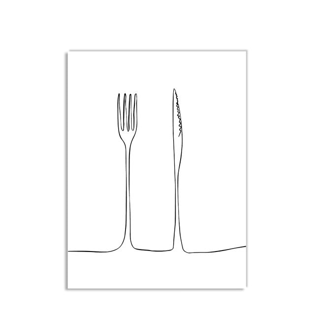 A set of three minimalist canvas prints depicting line art of a fork and knife, a wine glass, and a coffee cup, arranged on a wall.