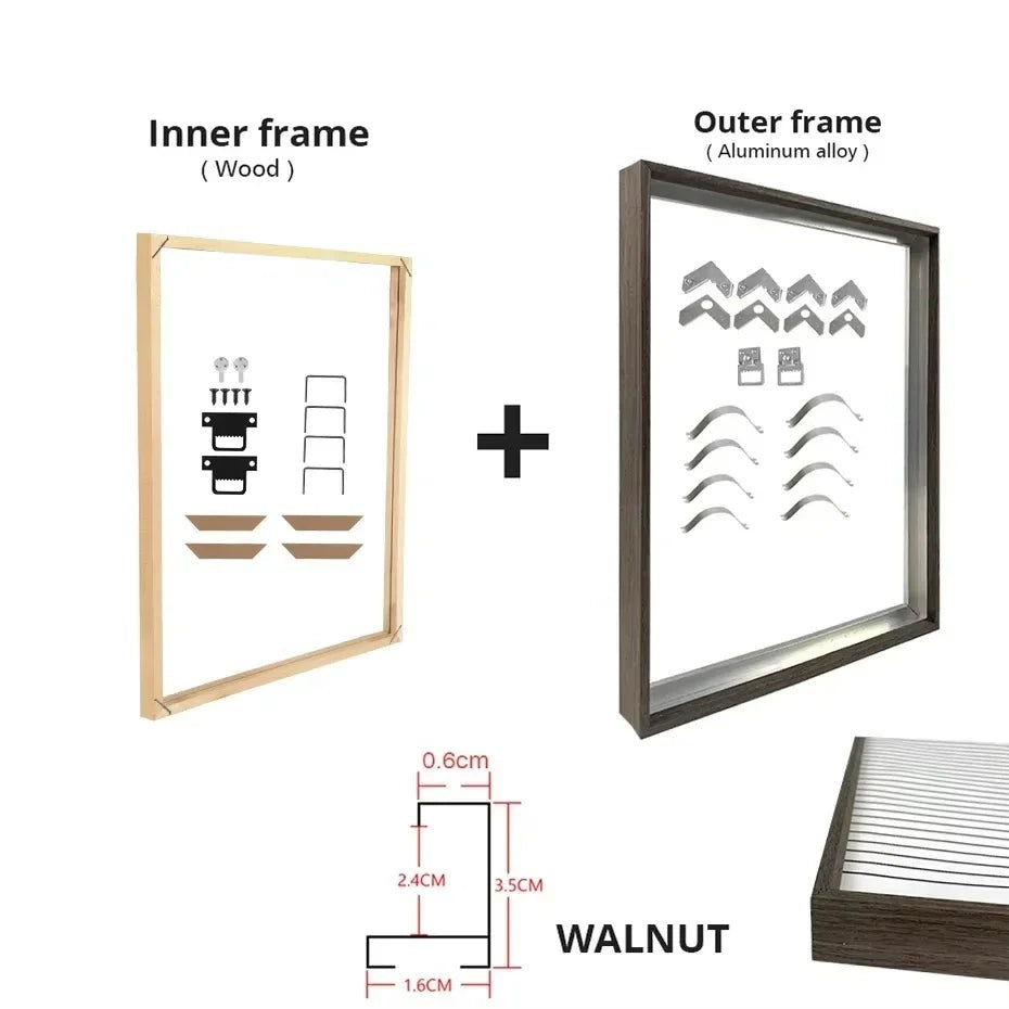 Custom Metal Picture Frame Kit with Wood Inner Frame - Modern DIY Canvas Frame in Black, White, Silver, Gold & Walnut