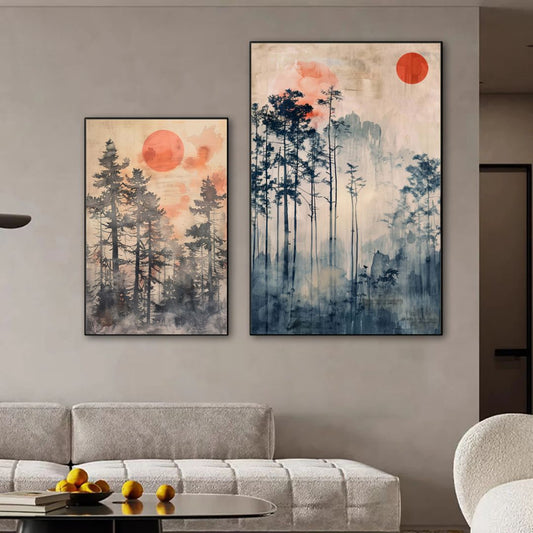 Japandi Abstract Landscape Sunrise Forest Wall Art
