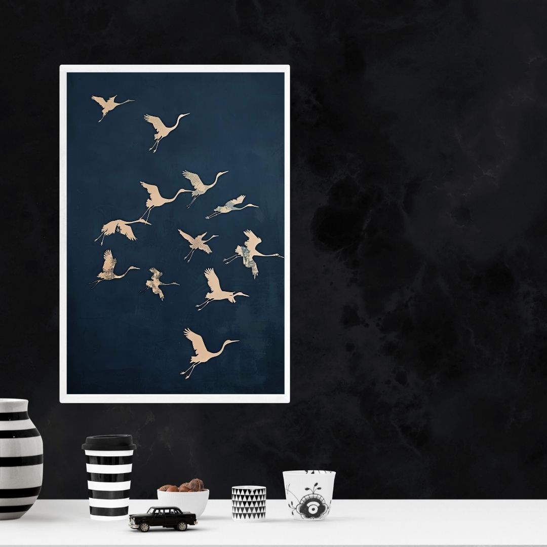 Japandi Crane Dark Moon Minimalist Canvas Wall Art