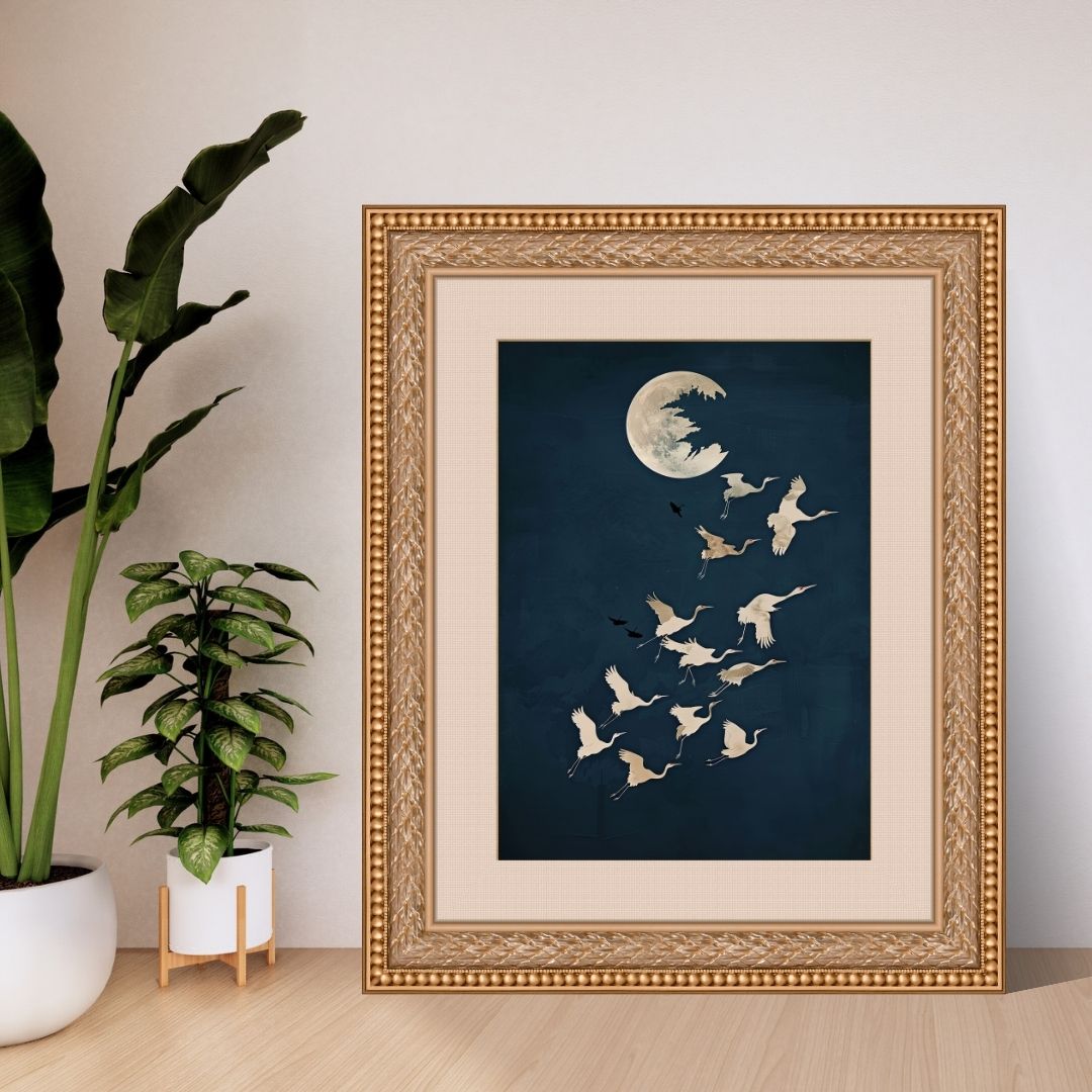 Japandi Crane Dark Moon Minimalist Canvas Wall Art