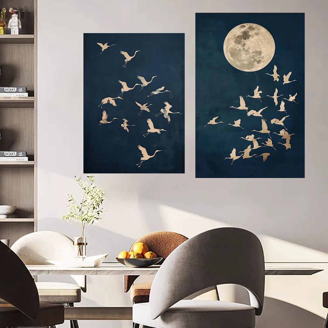 Japandi Crane Dark Moon Minimalist Canvas Wall Art