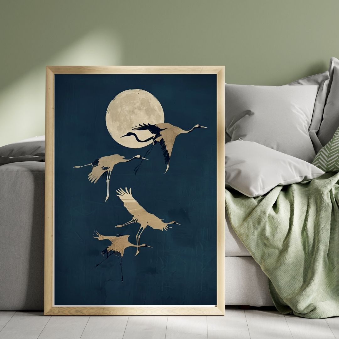 Japandi Crane Dark Moon Minimalist Canvas Wall Art