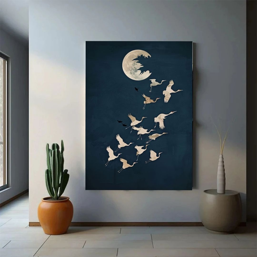 Japandi Crane Dark Moon Minimalist Canvas Wall Art