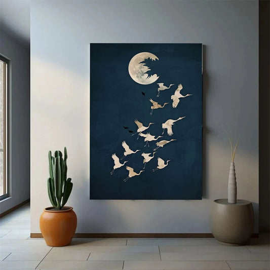 Japandi Crane Dark Moon Minimalist Canvas Wall Art