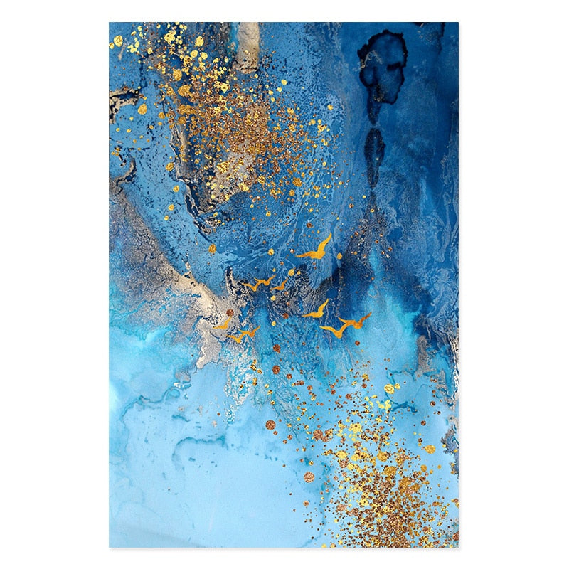 A canvas print featuring an abstract golden blue sea marble design, displayed above a cabinet in a room with modern interior decor.