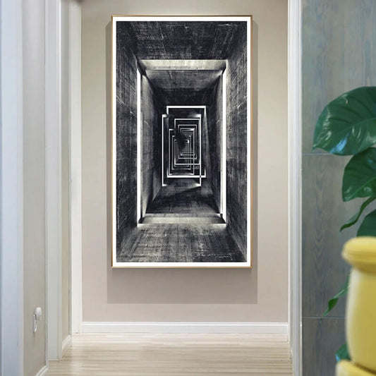 A framed retro abstract geometric architectural print displayed on a wall, with a narrow hallway depicted in black and white.