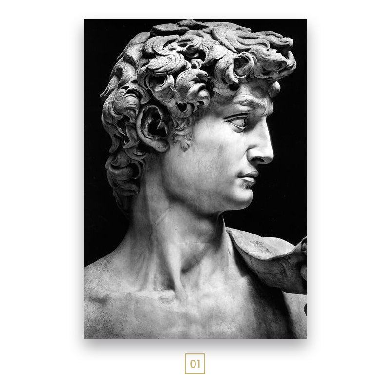 A canvas print of the Michelangelo David statue displayed in a room setting, predominantly in black and white.