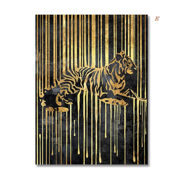 Two canvas prints featuring abstract animal designs, with gold and black colors, displayed on a wall in a dining room setting.