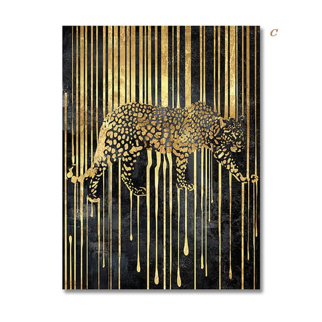 Two canvas prints featuring abstract animal designs, with gold and black colors, displayed on a wall in a dining room setting.