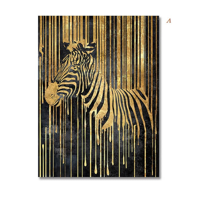 Two canvas prints featuring abstract animal designs, with gold and black colors, displayed on a wall in a dining room setting.