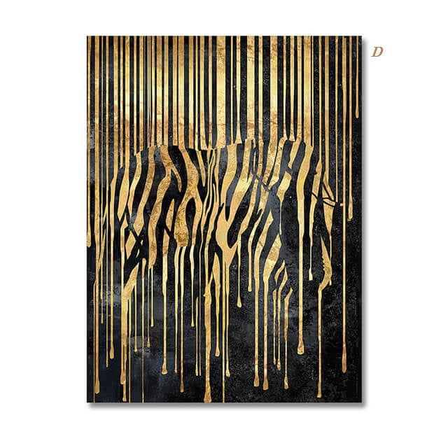 Two canvas prints featuring abstract animal designs, with gold and black colors, displayed on a wall in a dining room setting.