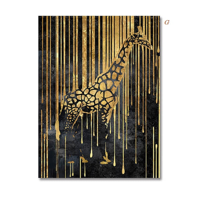 Two canvas prints featuring abstract animal designs, with gold and black colors, displayed on a wall in a dining room setting.