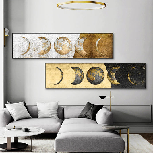Golden moon phases canvas print showing eight lunar cycles in gold tones
