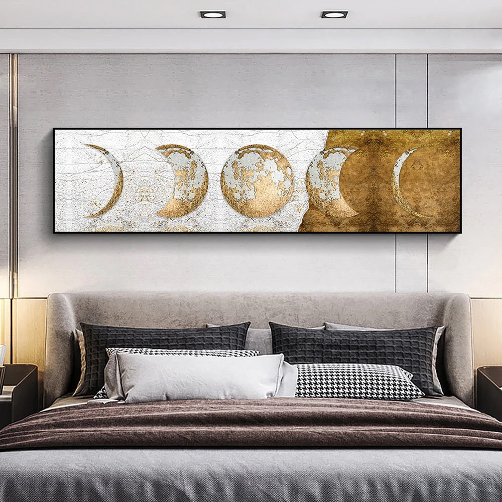 Golden moon phases canvas print showing eight lunar cycles in gold tones