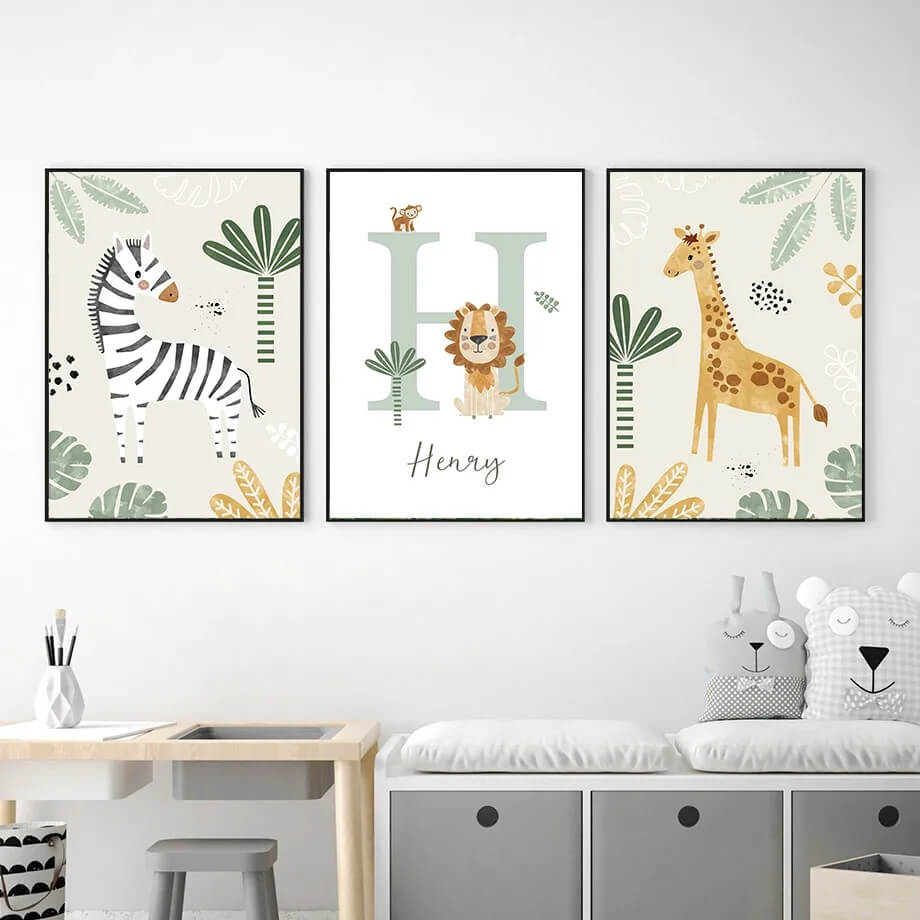 Lion Giraffe Zebra Jungle Animals Custom Baby Name Wall Art