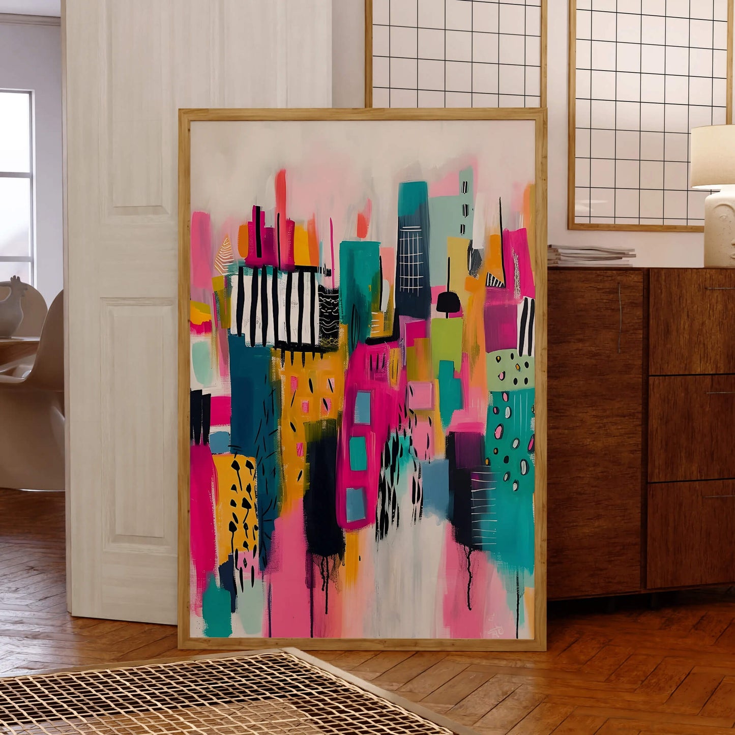 Colorful abstract painting in pink bold colors