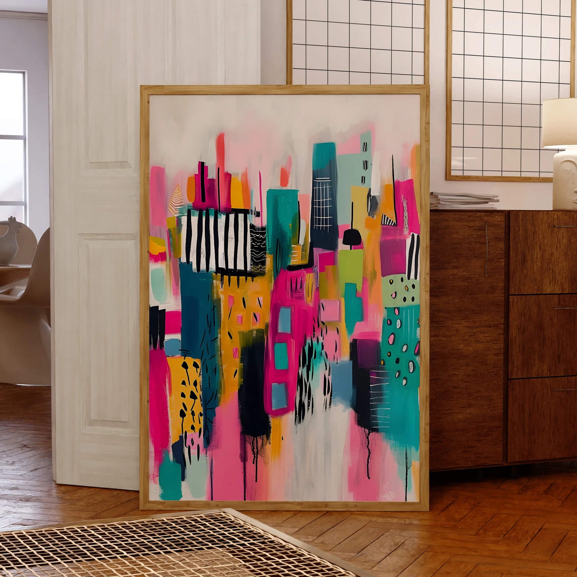 Colorful abstract painting in pink bold colors