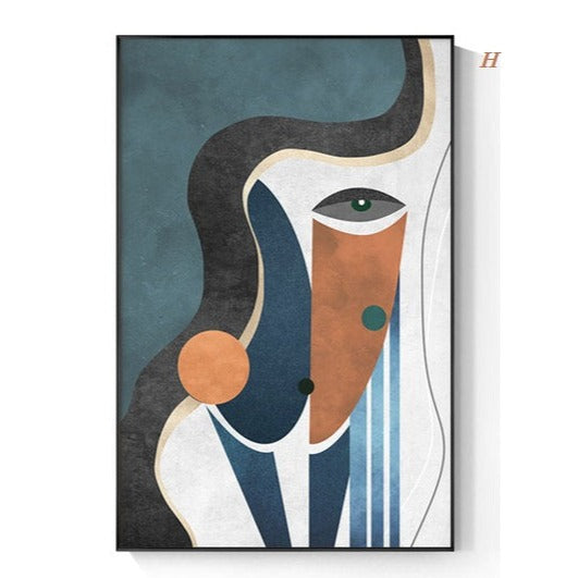 A modern abstract geometric figure canvas print hanging on a wall, featuring a minimalist design with primary and secondary colors.