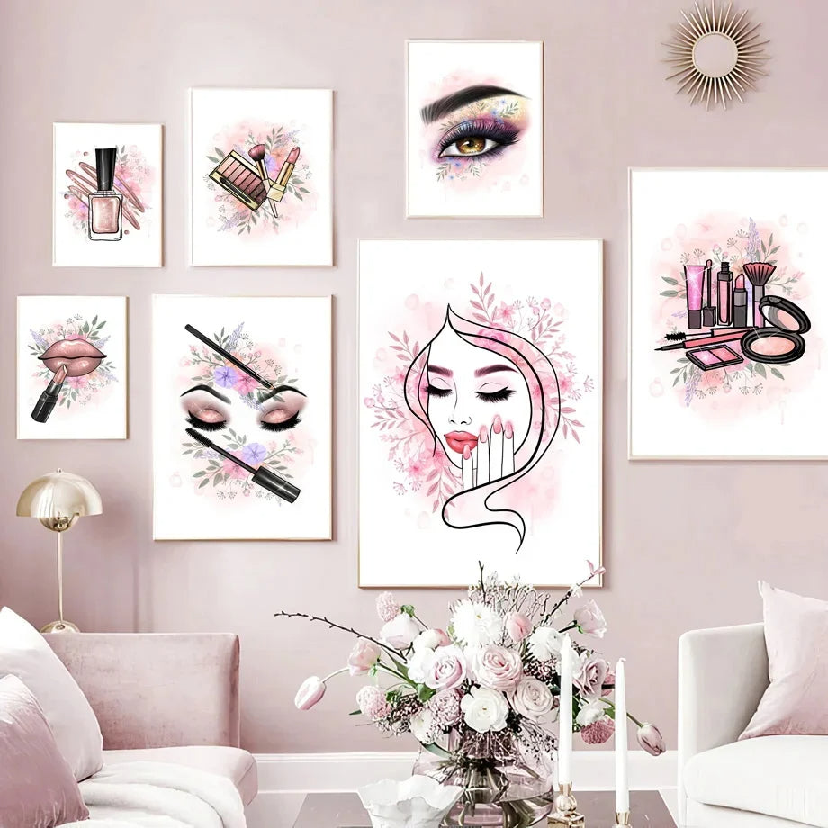 Makeup Beauty Nails Eyebrow Lips Pink Fine Art Canvas Prints