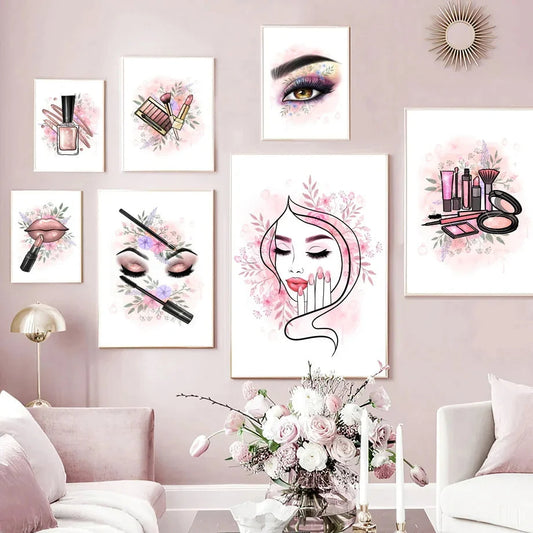 Makeup Beauty Nails Eyebrow Lips Pink Fine Art Canvas Prints